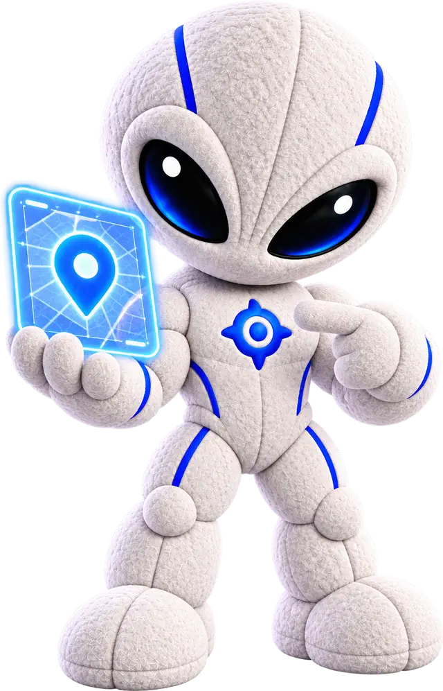 Mascote do AlyMaps segurando um mapa holográfico com o alfinete da oferta encontrada