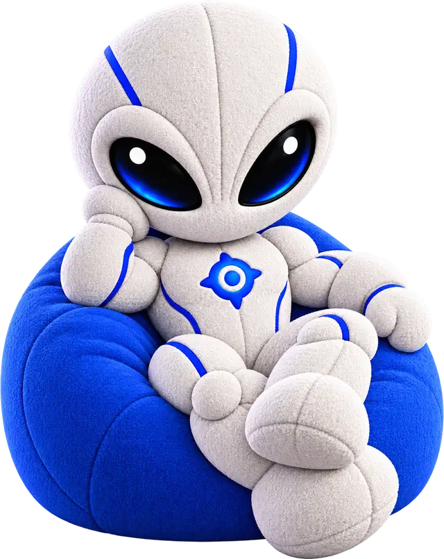 Mascote do AlyMaps recostado num puff azul, à vontade