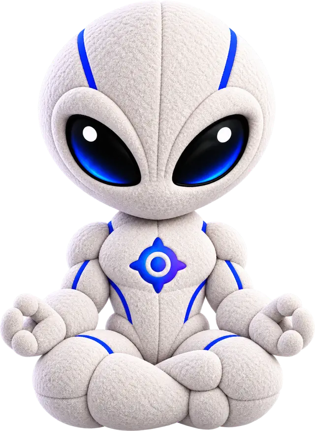 Mascote do AlyMaps sentado de pernas cruzadas, tranquilo